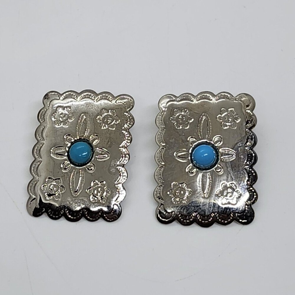 Silver Tone Faux Turquoise Stamped Metal Earrings
